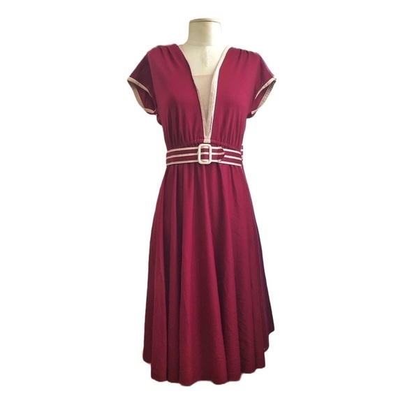 Dresses & Skirts - Vintage 1970s Handmade Midi Wine Red Elastic Waist Belted Day Dress Size S/M